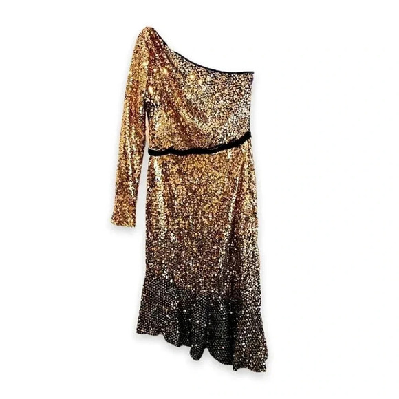 Marchesa Notte Gold Sequin Ruffle Asymmetric One Shoulder Cocktail Dress Size 2 - Picture 4 of 11